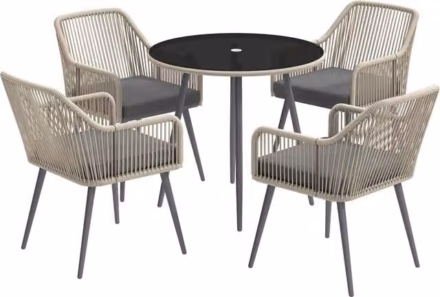 Set da giardino Outsunny composto da 5 pezzi con tavolo rotondo in vetro e 4 sedie in rattan e metallo, marrone e grigio