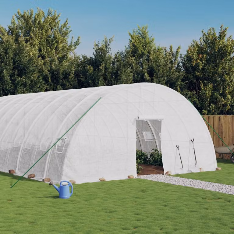 Serra vidaXL con telaio in acciaio galvanizzato bianco e copertura in policarbonato, L: 18 m, P: 6 m, H: 2,85 m