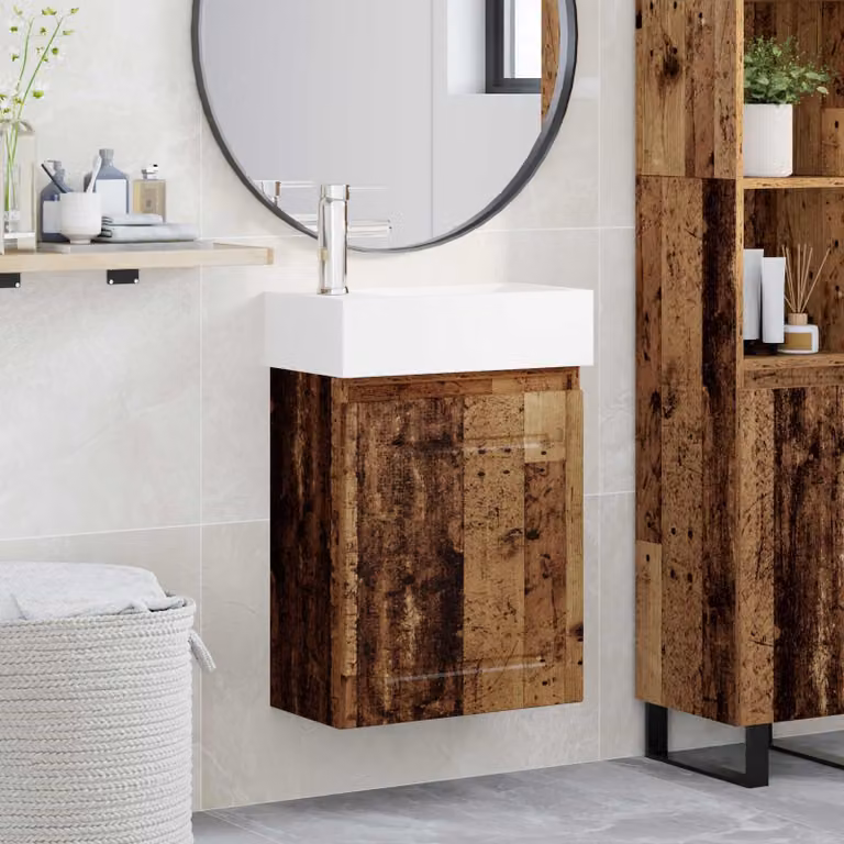 Mobile bagno con rubinetto vidaXL in legno antico, L 45,5 cm x P 22,5 cm x H 84 cm