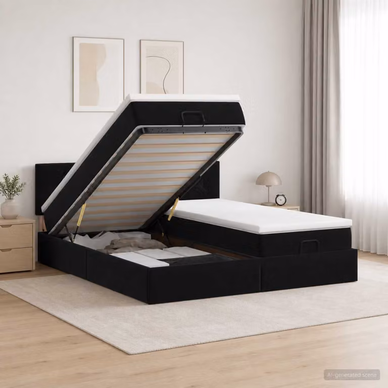 Letto ottomano con materasso e testiera vidaXL in velluto nero, L/P/H: 200 x 160 x 88 cm