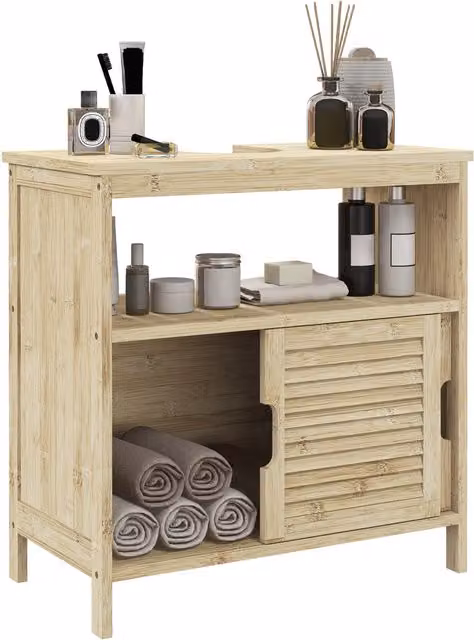 Mobile sottolavabo da bagno HOMCOM in bambù con ripiani e ante, colore beige/marrone, L: 60 cm, P: 30 cm, H: 60 cm