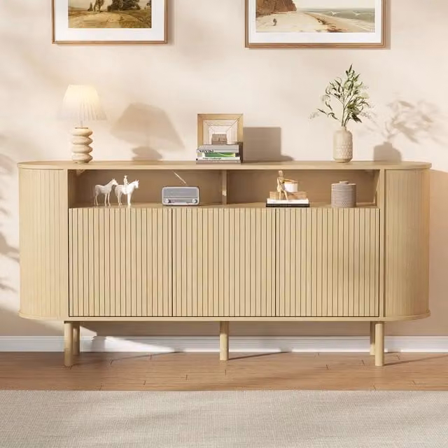 Consolle Minimal con 3 ante e ripiano in rovere massello color beige, L: 160 cm, P: 40 cm, H: 78.5 cm