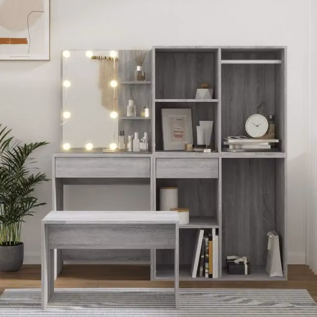 vidaXL Set Tavolo da Toeletta con LED Grigio Moderno in Legno Multistrato e MDF