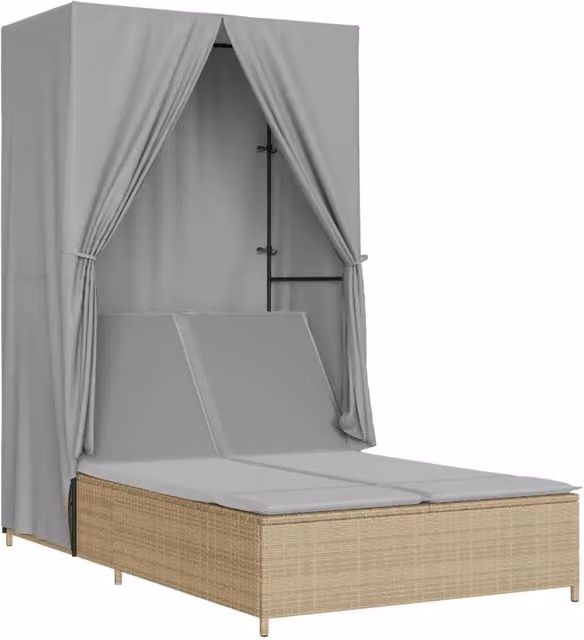 Lettino prendisole da giardino in polyrattan con tetto parasole e poggiatesta regolabile, colore beige e grigio