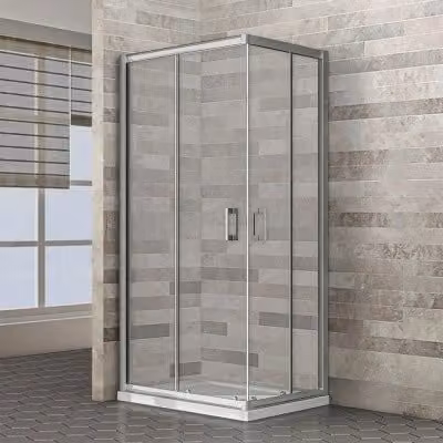 Box doccia angolare Geo con doppio sistema scorrevole in vetro temperato trasparente e profili argento L 70 x P 70 x H 185 cm