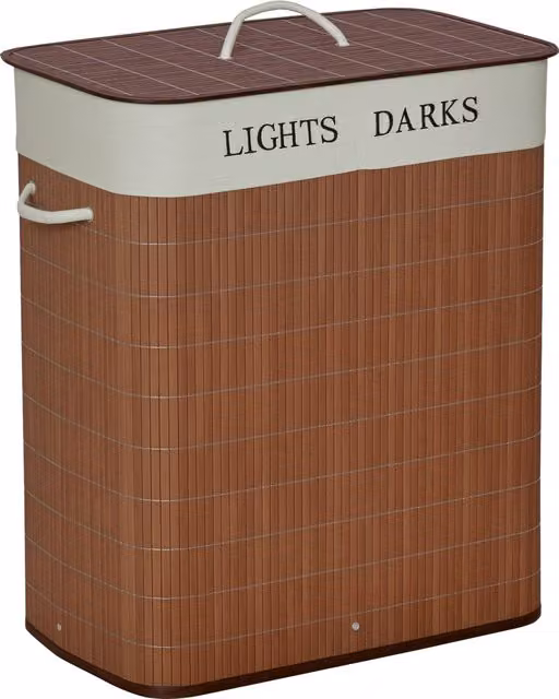 Cesto per biancheria HOMCOM in bambù marrone da 100L con 2 scomparti, coperchio e maniglie, L: 52 cm, P: 32 cm, H: 63 cm