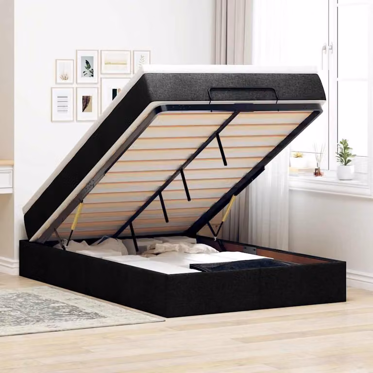 vidaXL Struttura Letto con Contenitore a Sollevamento e Materasso in Tessuto, Colore Nero e Bianco, L/P/H: 200 x 120 x 23,5 cm
