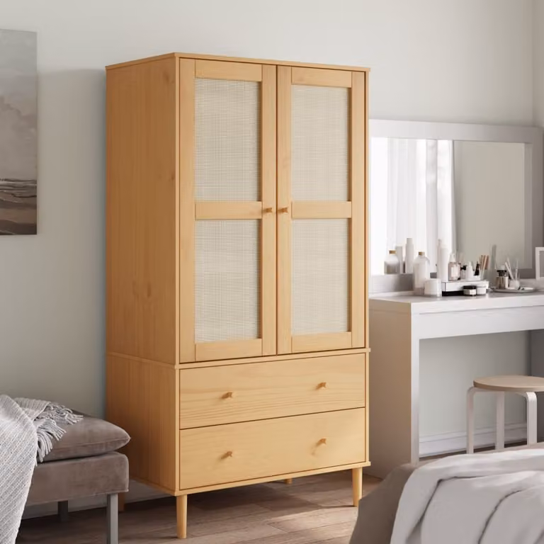 Armadio vidaXL SENJA in legno di pino massello con aspetto rattan marrone e beige, dotato di cassetti integrati, L: 90 cm, P: 55 cm, H: 175 cm
