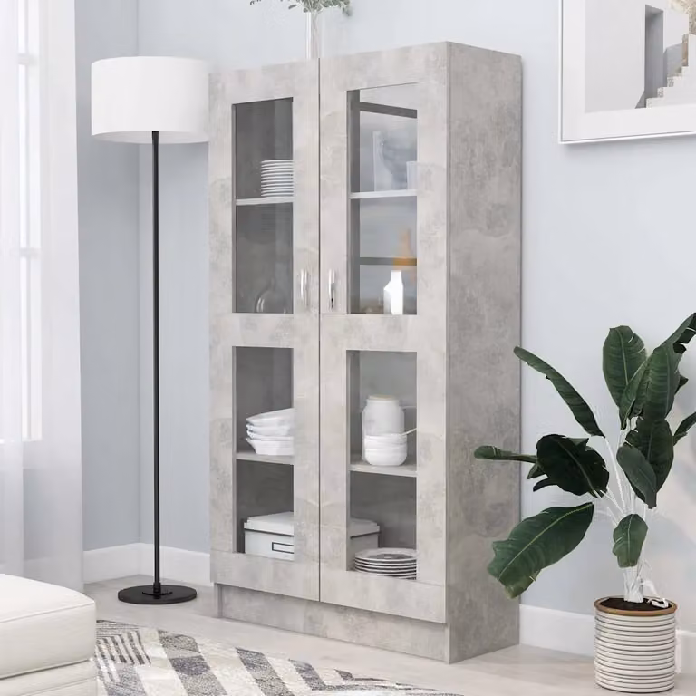 vidaXL Armadietto Vetrina in Legno Grigio Cemento con Ante in Vetro L: 82,5 cm, P: 30,5 cm, H: 150 cm