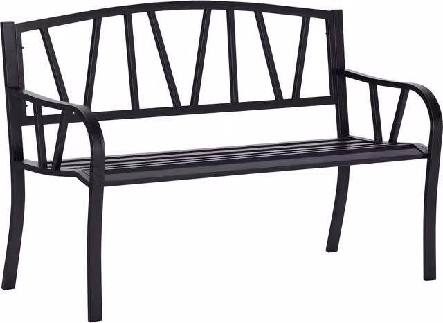 Panchina da giardino Outsunny in metallo nero impermeabile per 2 persone, L: 128 cm, P: 56 cm, H: 86 cm