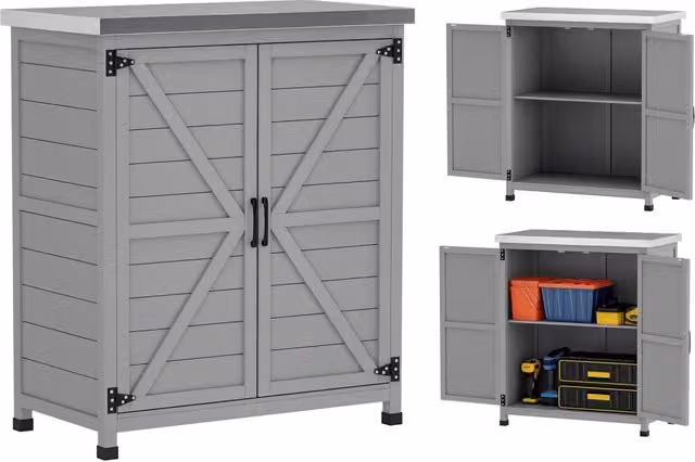 Mobile da giardino XYLO con piano in legno massello di abete e struttura in acciaio grigio L/P/H: 79 x 43 x 92 cm