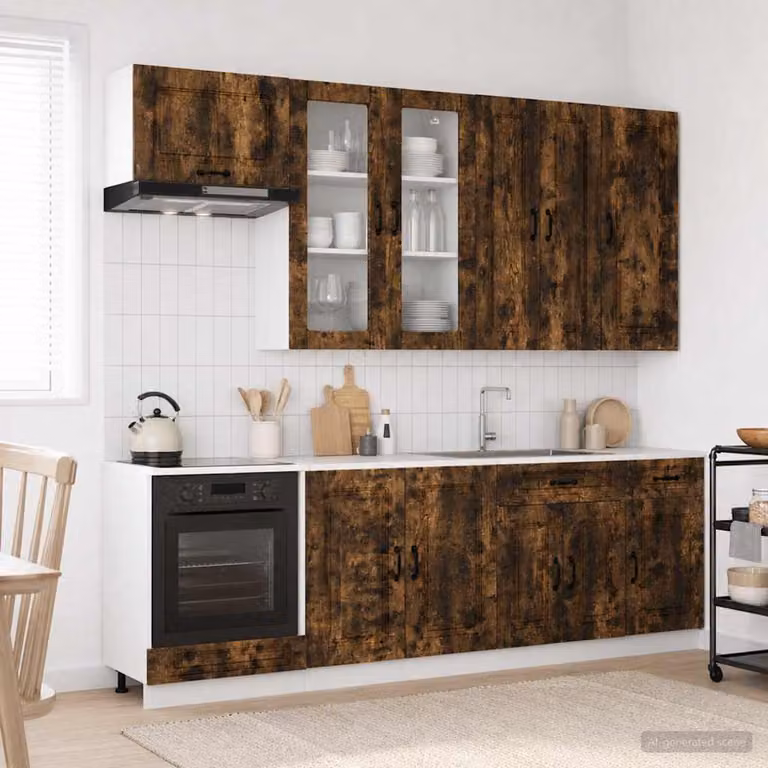 Unità cucina moderna vidaXL KALMAR in legno ingegnerizzato e MDF con ante in vetro, colore rovere fumo, 8 pezzi