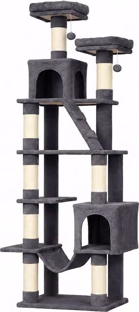 Albero tiragraffi multilivello PawHut per gatti con 2 cucce, amaca, 2 letti e pali in sisal, grigio scuro, Altezza: 204 cm