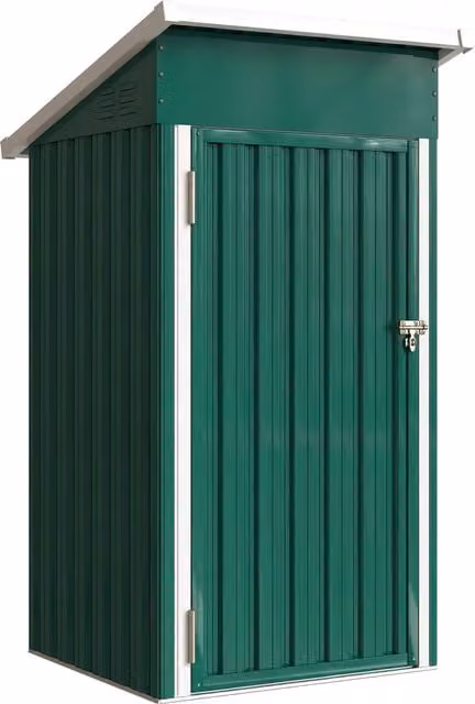 Casetta da giardino esterna Outsunny in metallo verde con tetto inclinato, porta con serratura e ventilazioni, L: 107,5 cm, P: 91 cm, H: 185 cm