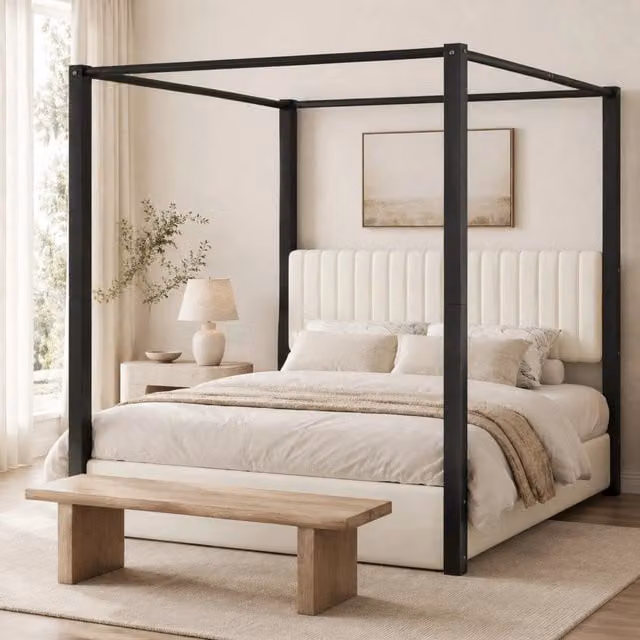 Letto a baldacchino MODFU in velluto beige, nero e bianco con struttura in metallo e MDF, L/P: 180 x 200 cm