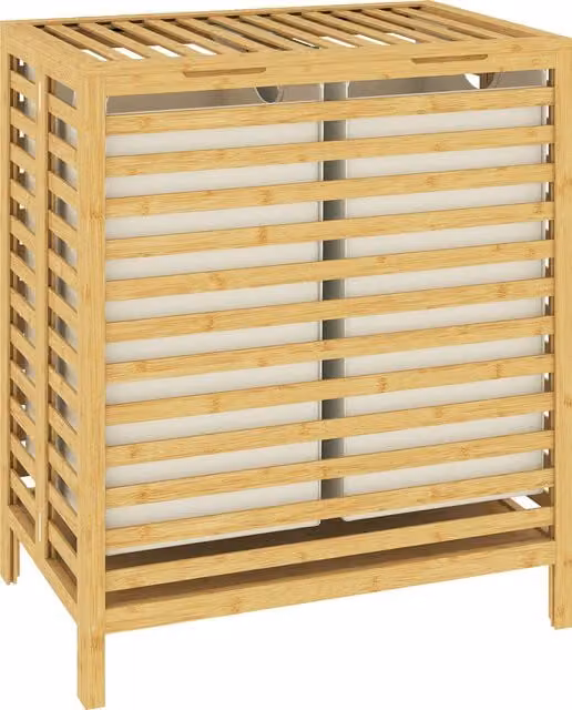 Cesto portabiancheria HOMCOM in bambù da 64L con coperchio e 2 sacche in tessuto Oxford rimovibili e lavabili, color legno e beige
