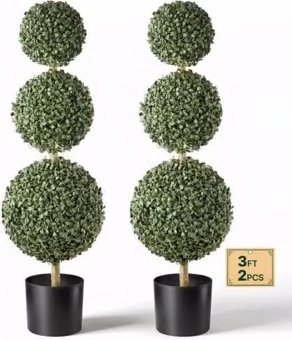Set di 2 Alberi di Bosso Finti VEVOR con 3 Sfere Verdi, Piante Topiari Artificiali in PE con Vaso per Interni ed Esterni, Altezza: 91,4 cm
