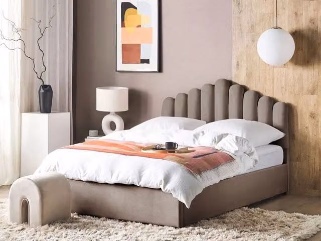 Letto contenitore BELIANI Sea Shell in velluto beige Super King Size L/P/H: 214 x 180 x 125 cm