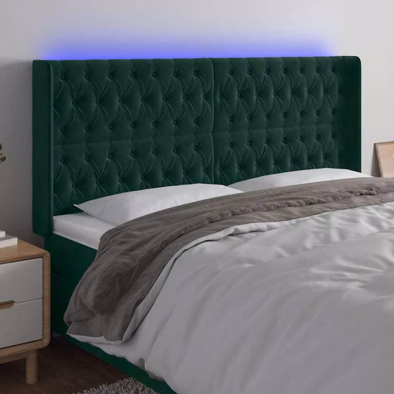 Testiera per letto vidaXL in velluto verde scuro con illuminazione LED e porta di ricarica USB, L 203 cm, P 16 cm, H 118/128 cm