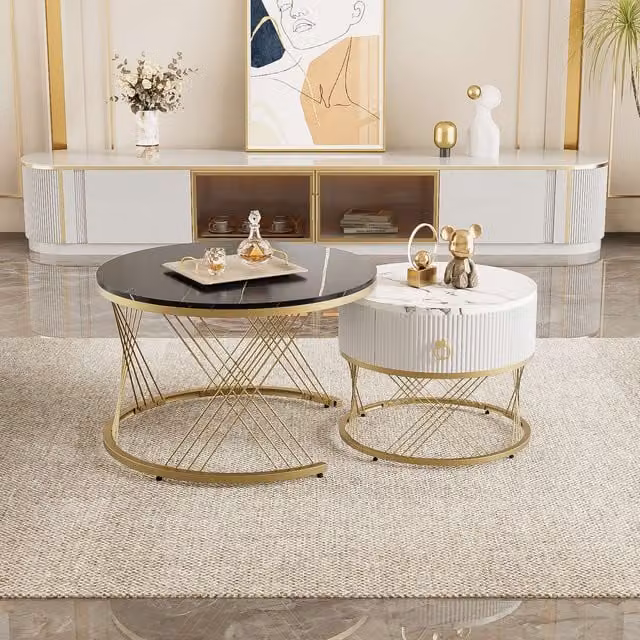 Set di Tavolini Rotondi Modulari Aosom Italy in Marmo Sintetico con Dettagli Dorati e Cassetto, Nero e Bianco