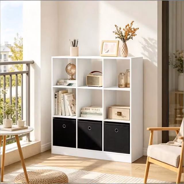 Libreria a cubi REDOM con 3 cassetti in tessuto bianco e nero L 80 cm x H 86,5 cm x P 30 cm