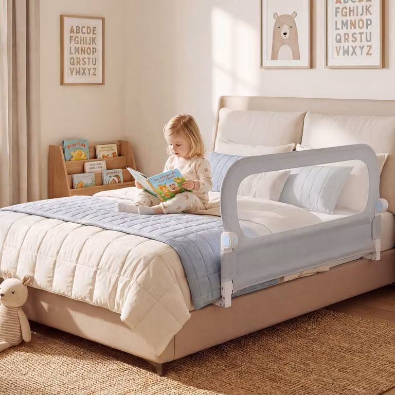 Sbarra letto pieghevole per bambini Costway con base a U robusta e accessori inclusi, regolabile, Grigio, 120 cm