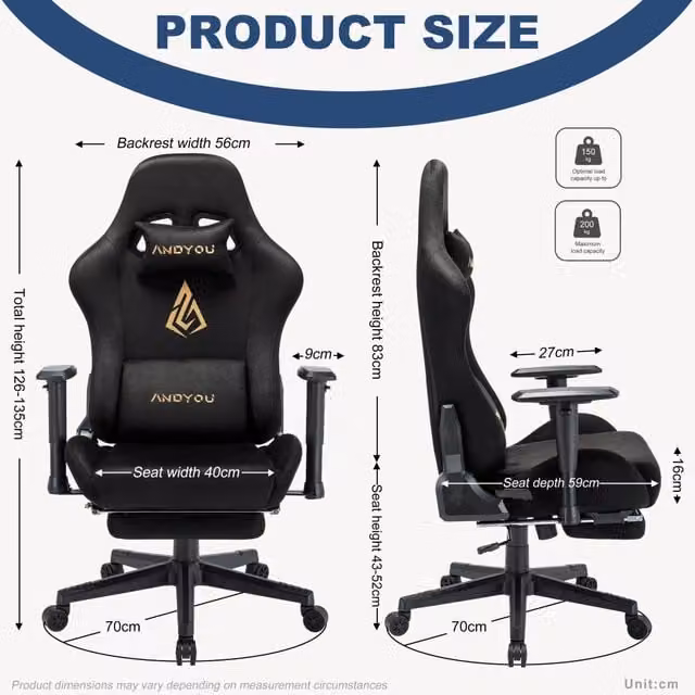 Sedia da Gaming ANDYOU Ergonomica e Traspirante con Poggiapiedi e Poggiatesta, Girevole e Regolabile, Nero