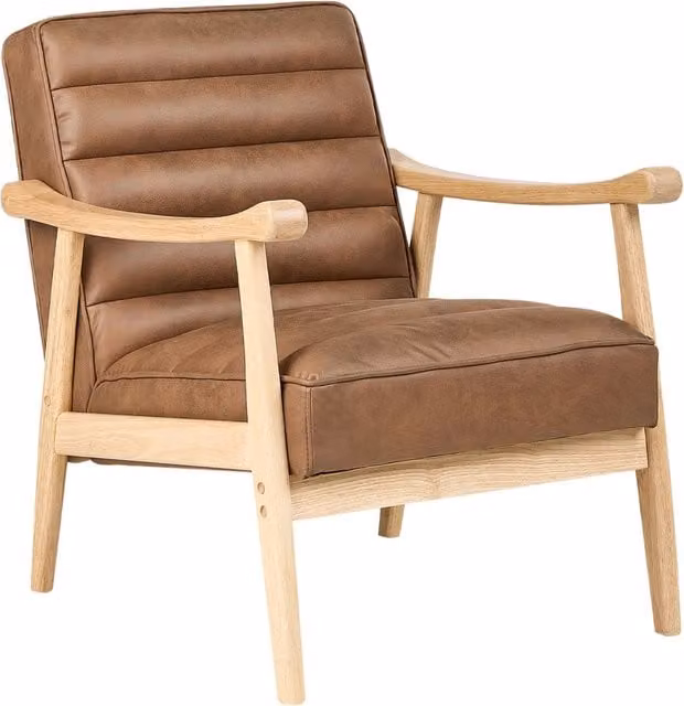 Poltrona Design Retrò Beliani in Ecopelle e Tessuto Marrone con Braccioli e Struttura in Legno di Gomma per Soggiorno