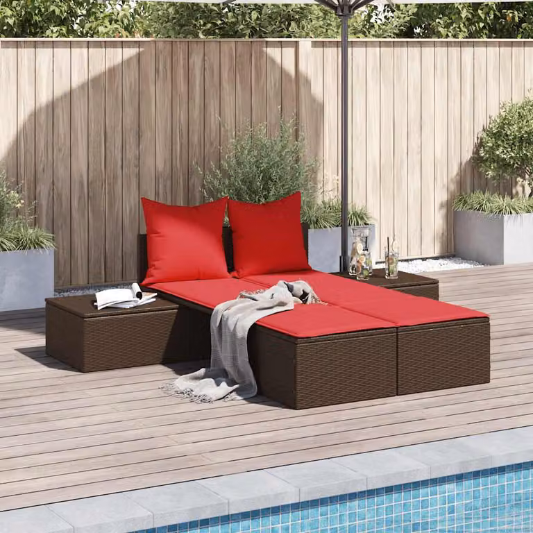 vidaXL Lettino prendisole doppio in polyrattan marrone con cuscini in tessuto resistente ai raggi UV e struttura in acciaio verniciato a polvere