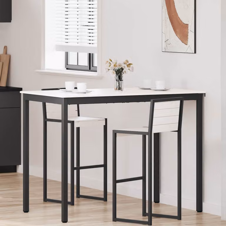 vidaXL Tavolo da bar rettangolare in pino massello e metallo, Bianco, L: 140 cm, P: 80 cm, H: 105 cm