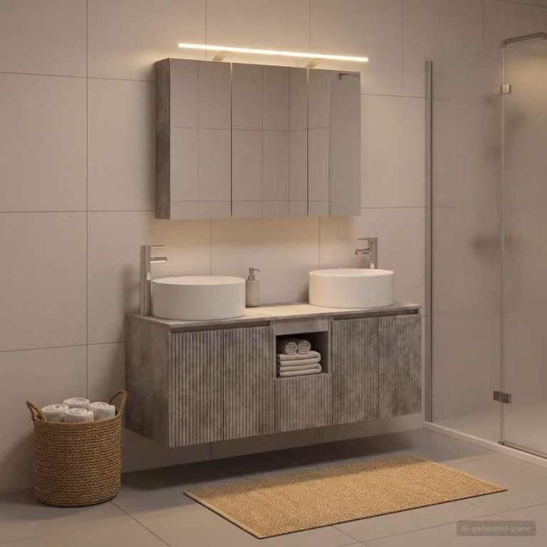 Set di mobili da bagno moderno vidaXL in 4 pezzi grigio opaco con illuminazione LED e vanità sospesa