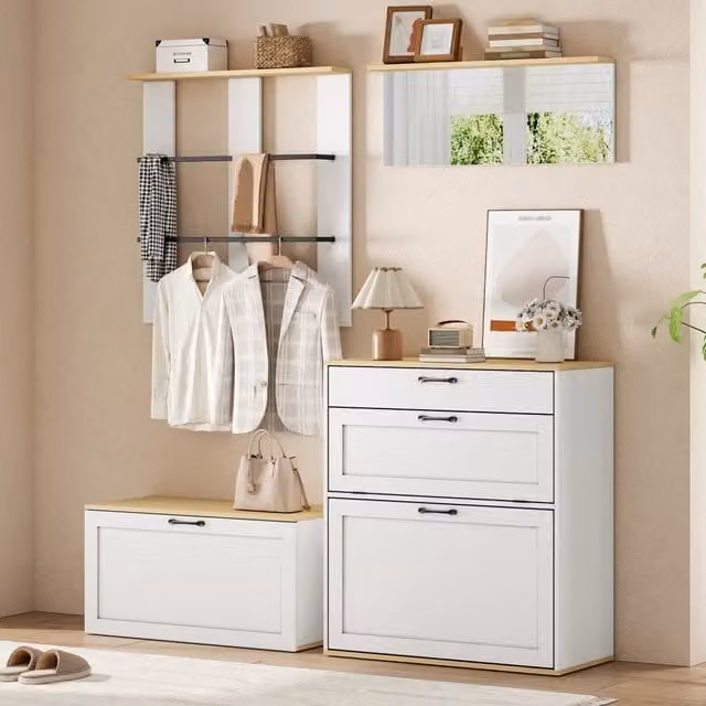 Set modulare da ingresso REDOM con scarpiera, panca, specchio e appendiabiti, moderno, Bianco e Marrone, L: 156 cm, P: 36 cm, H: 176 cm