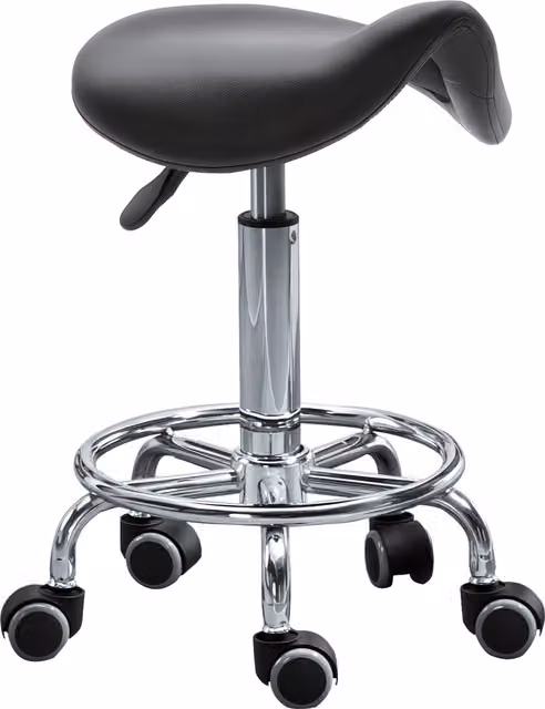 Sgabello Regolabile in Altezza HOMCOM con 5 Ruote e Seduta Ergonomica Imbottita in Finta Pelle, Nero, L/P/H: 37.5 x 37.5 x 51-66 cm