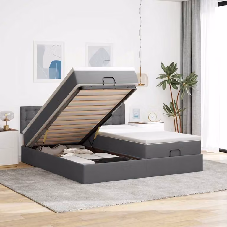 Struttura Letto con Contenitore a Sollevamento e Materasso vidaXL in Tessuto, Colori Grigio e Bianco, L 200 x P 200 x H 280 cm