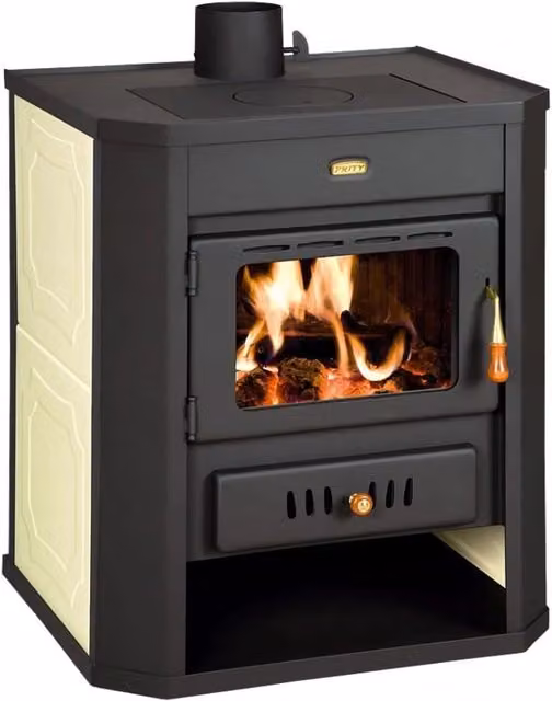 Stufa a legna per impianto di riscaldamento centralizzato Prity WD W15 in acciaio nero con potenza di 15 + 5 kW, L: 115 cm, P: 65 cm, H: 78 cm