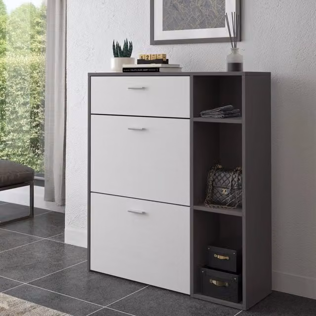 Scarpiera Moderna DMORA con Ante a Ribalta, Colore Nero Antracite, L/P/H: 90 x 26 x 102 cm