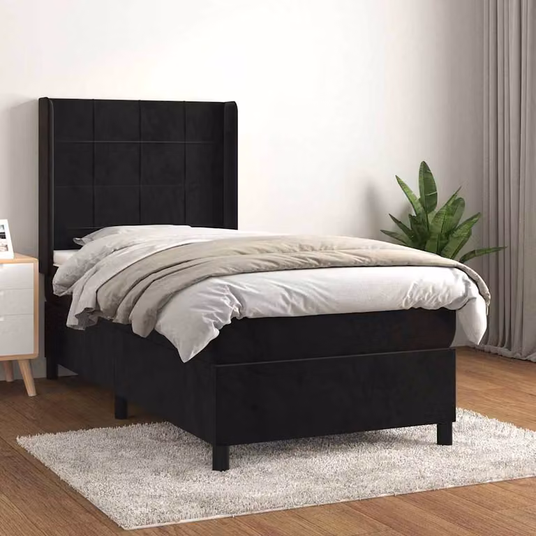 vidaXL Giroletto a Molle con Materasso in Velluto Nero L/P/H: 90 x 190 cm