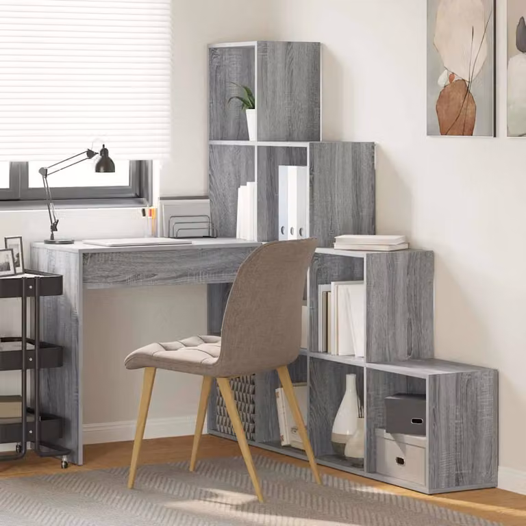 Scrivania ad angolo moderna vidaXL in MDF Grigio, L/P/H: 149,5 x 101,5 x 149,5 cm