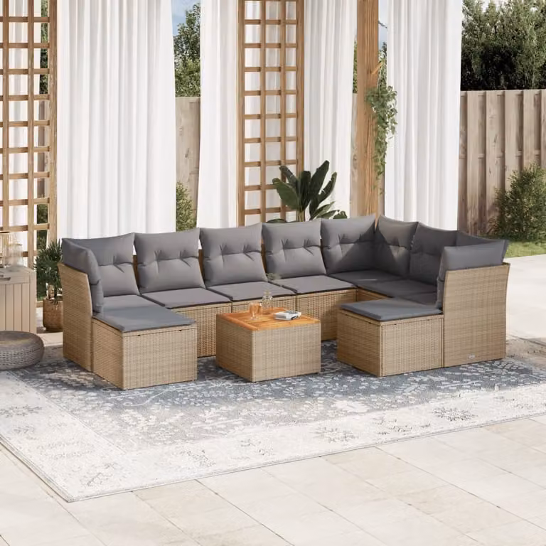 vidaXL Set Divano da Giardino 10 pz a Forma a L in Polyrattan con Cuscini Beige e Grigio
