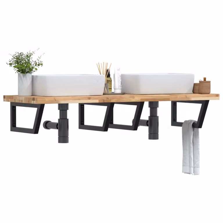 vidaXL Ripiano a Parete per Lavabo in Accacia e Metallo, Nero e Marrone, L: 50 cm, P: 24 cm, H: 50 cm