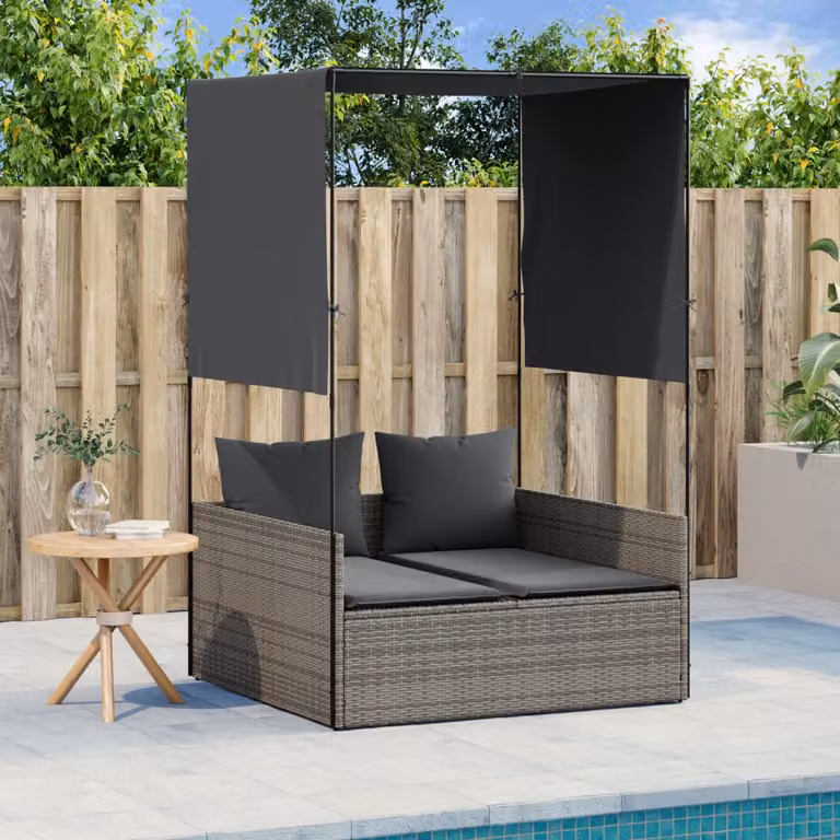 Lettino prendisole doppio con tetto e tende vidaXL in polyrattan grigio