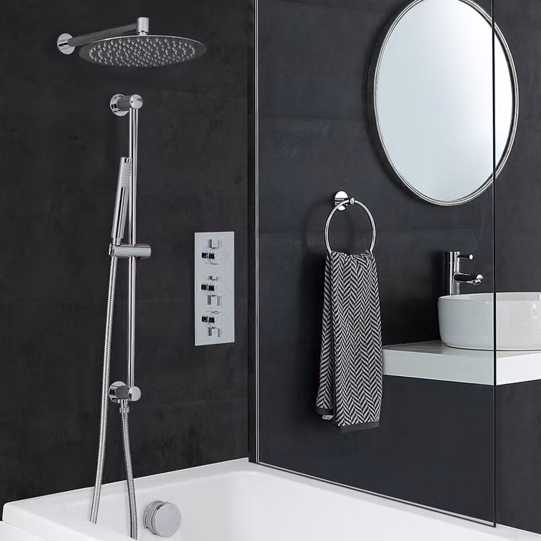 Set Doccia Termostatica Mirage con Miscelatore, Soffione da 300 mm, Asta Saliscendi, Erogatore Vasca e Doccetta con Funzione Massaggio in Colore Cromo