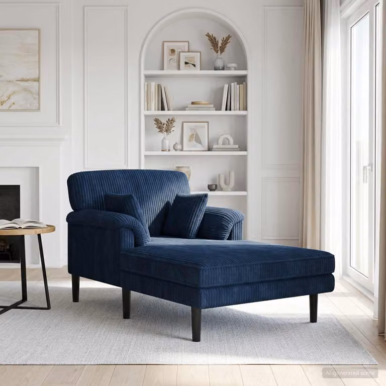 Chaise longue moderna vidaXL in velluto a coste blu navy con forma a L e orientamento a sinistra, L/P/H: 174 x 101 x 90 cm