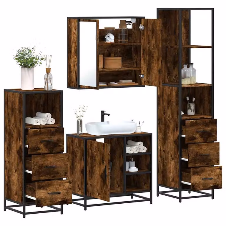 Set di mobili da bagno vidaXL 4 pezzi in stile industriale color marrone con armadietto specchio, mobile lavabo, mobile laterale e colonna alta in legno e metallo