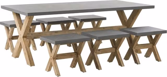 Set da pranzo per esterni Beliani in legno di acacia e materiale composito grigio opaco per 6 persone con tavolo rettangolare e sedie dal design moderno