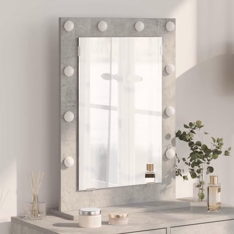 Specchio da Vanità da Tavolo vidaXL con Luce LED, Design Moderno Rettangolare, Grigio Cemento, L: 70 cm, P: 50 cm, H: 18 cm