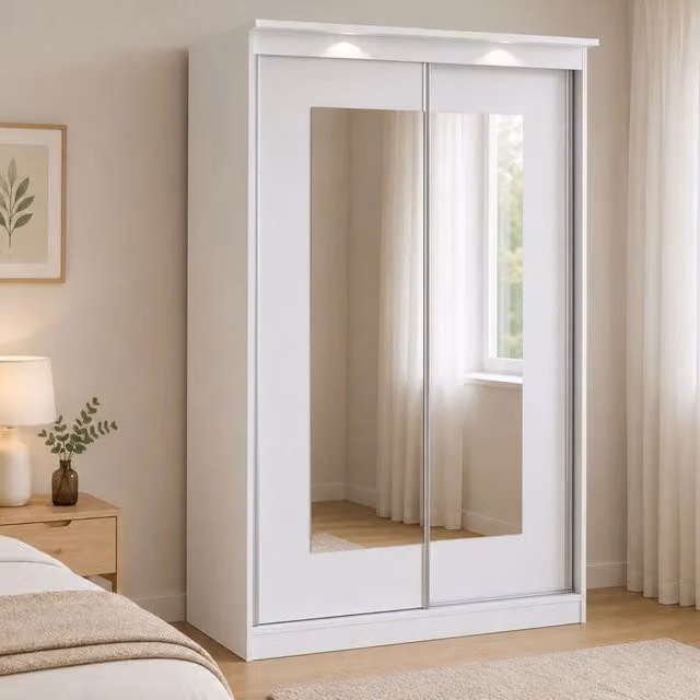 Armadio moderno DMORA per camera da letto con ante scorrevoli in vetro, illuminazione LED integrata e specchio, Bianco e Trasparente, L: 120 cm, H: 195 cm