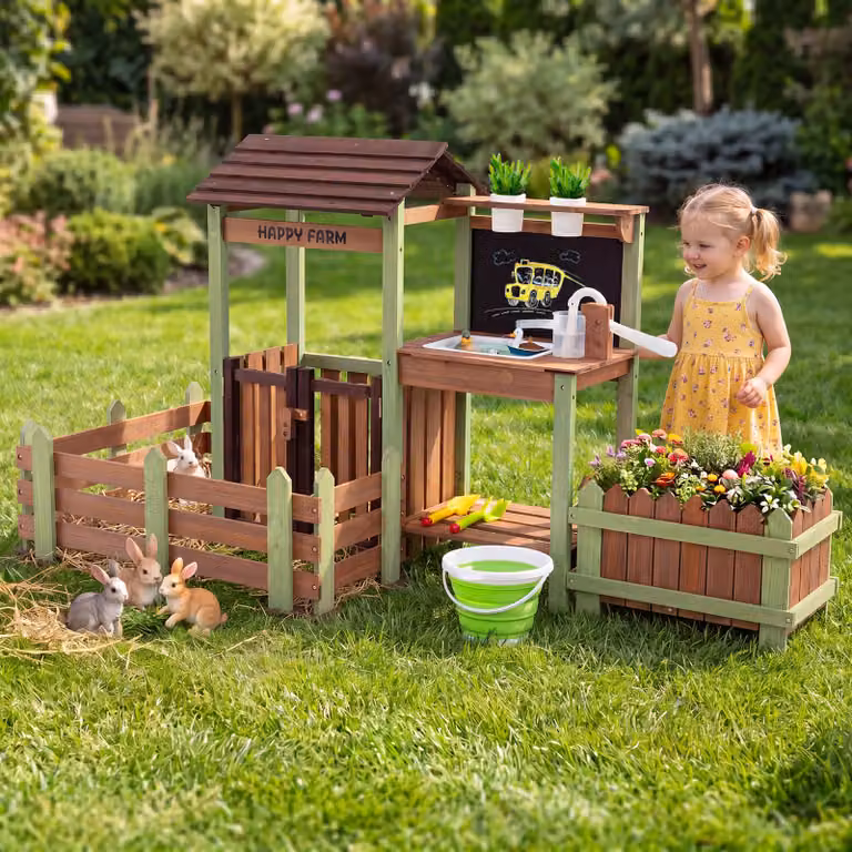 Costway Fattoria Giocattolo in Legno per Bambini con Lavagna, Multicolore