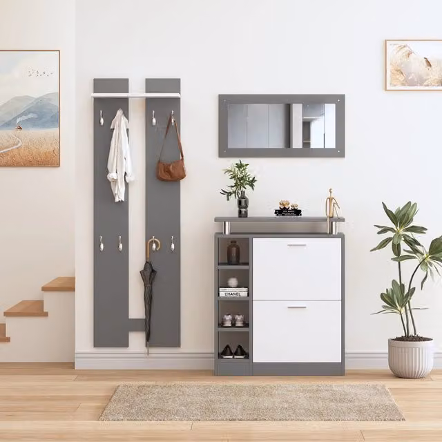 Set ingresso WISHDOR moderno con specchio, 2 pannelli appendiabiti e scarpiera, grigio e bianco, L/P/H: 80 x 25 x 96,5 cm