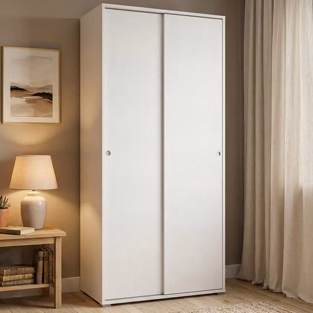 Armadio Guardaroba Alaysia DMORA con 2 ante scorrevoli e 4 ripiani, Mobile moderno bianco L 90 x P 45 x H 195 cm